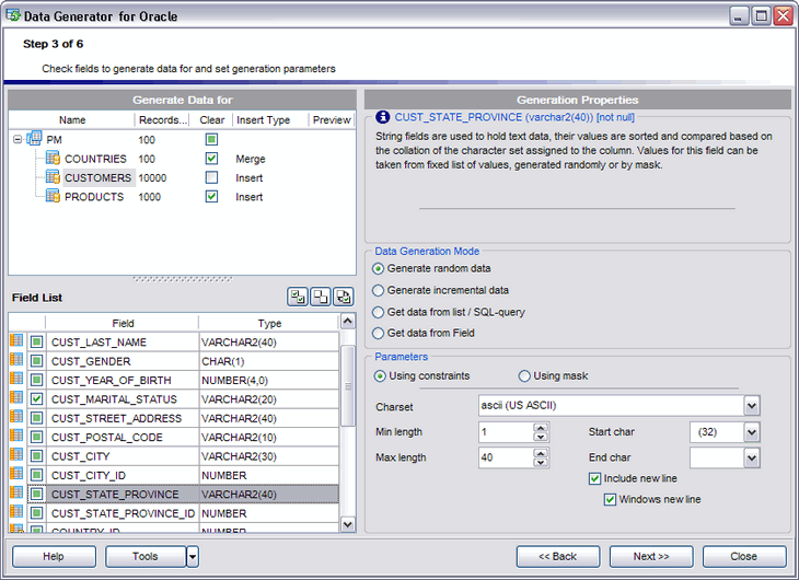Screenshot of EMS Data Generator 2005 for Oracle