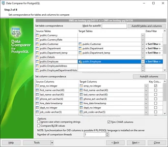 Set tables and fields correspondence