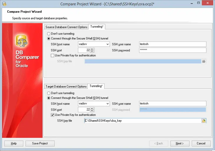 Setting tunneling options for database connection