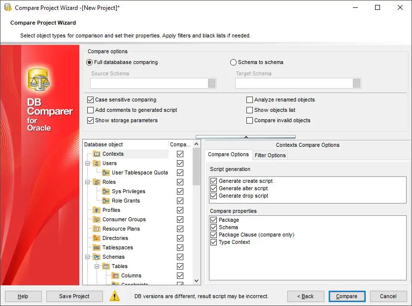 Setting comparison options