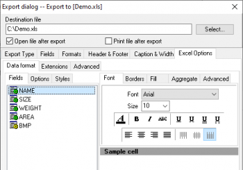 Setting options to export data to Excel