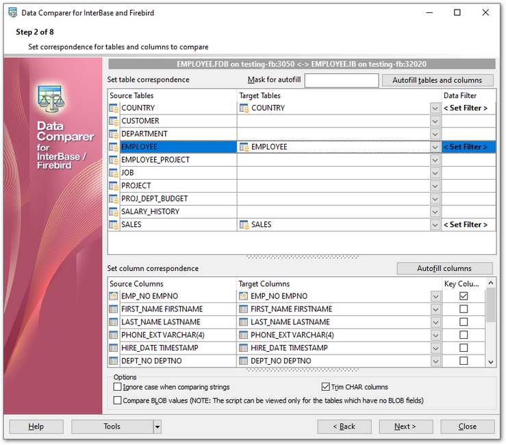 Step 2 - Setting tables and fields correspondence