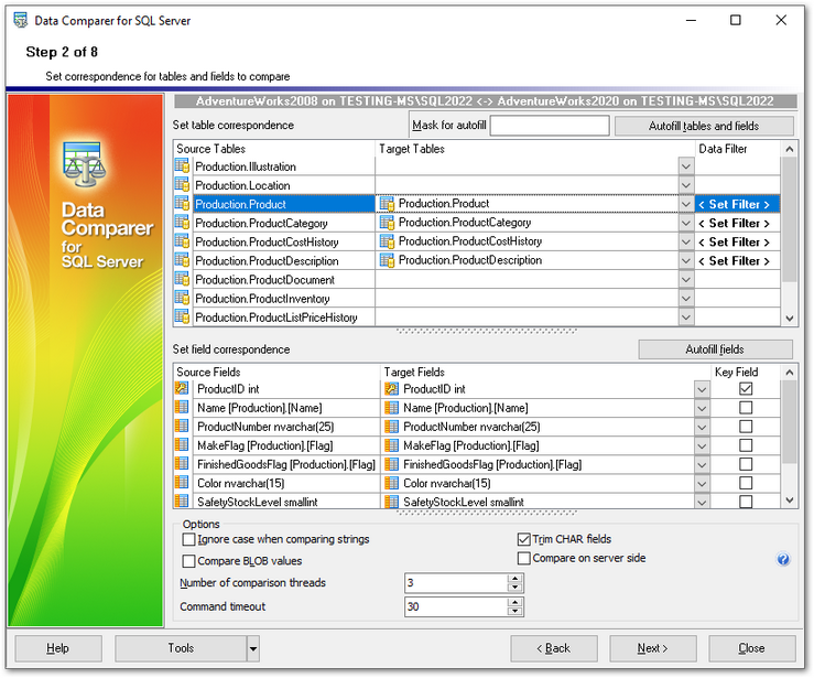 Step 2 - Setting tables and fields correspondence