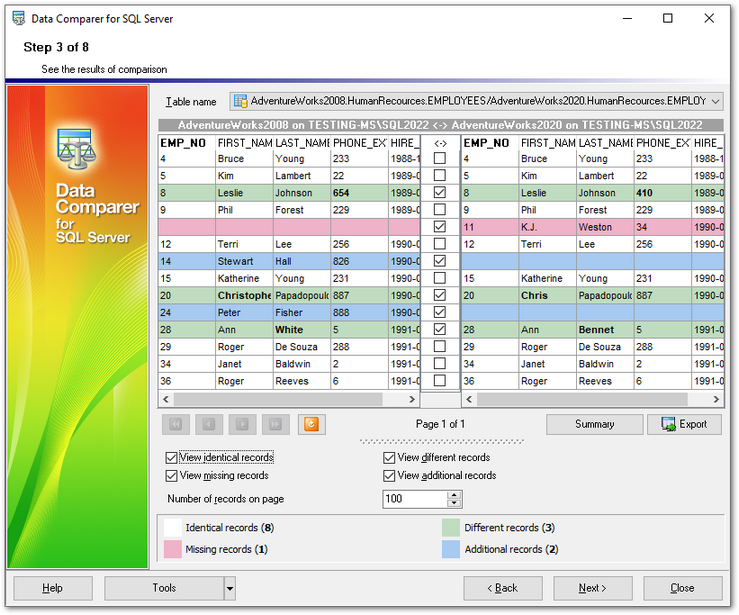 Step 3 - Browsing data comparison results