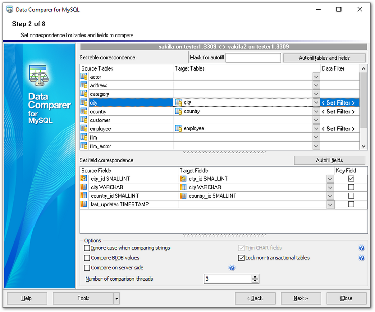 Step 2 - Setting tables and fields correspondence