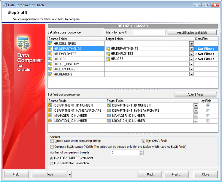 Step 2 - Setting tables and fields correspondence