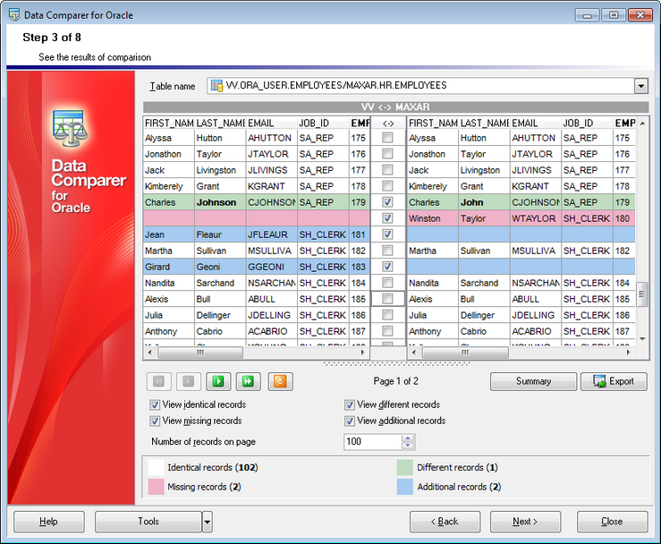 Step 3 - Browsing data comparison results