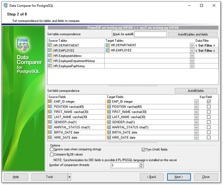 Step 2 - Setting tables and fields correspondence